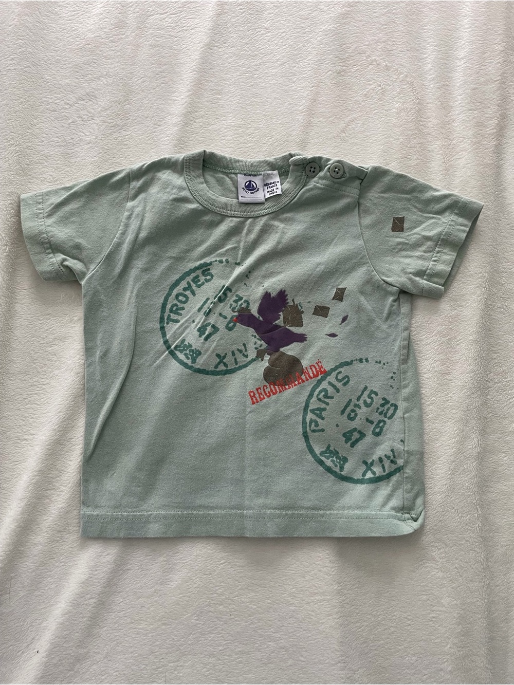 Petit Bateau Kids Mint Green Graphic Tee with Bird Print 18m